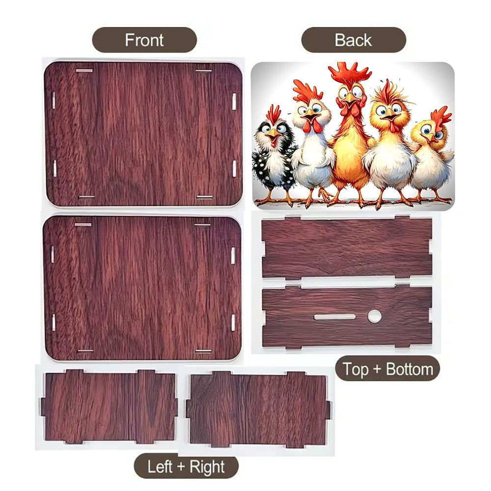 Tirelire boîte en bois cinq poules ébouriffées, décor 2D