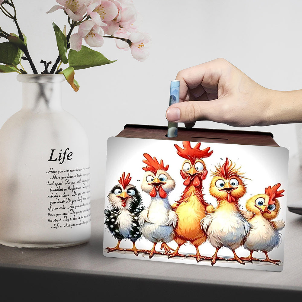 Tirelire boîte en bois cinq poules ébouriffées, décor 2D