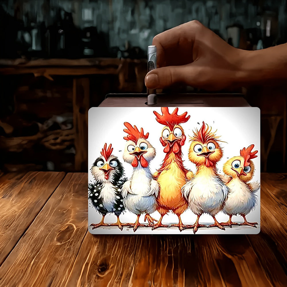Tirelire boîte en bois cinq poules ébouriffées, décor 2D