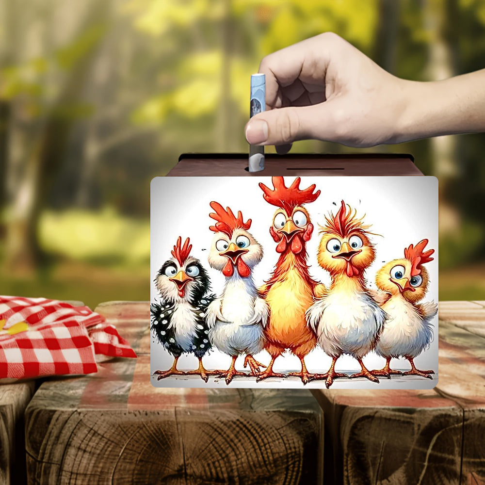 Tirelire boîte en bois cinq poules ébouriffées, décor 2D