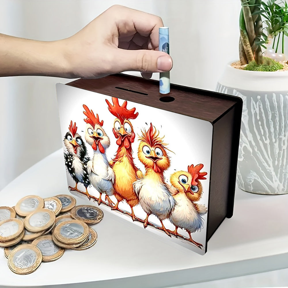 Tirelire boîte en bois cinq poules ébouriffées, décor 2D