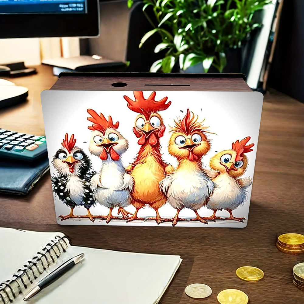 Tirelire boîte en bois cinq poules ébouriffées, décor 2D