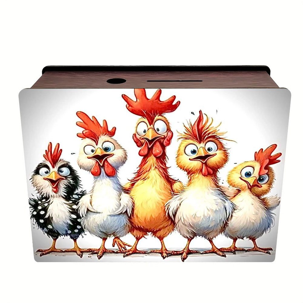 Tirelire boîte en bois cinq poules ébouriffées, décor 2D