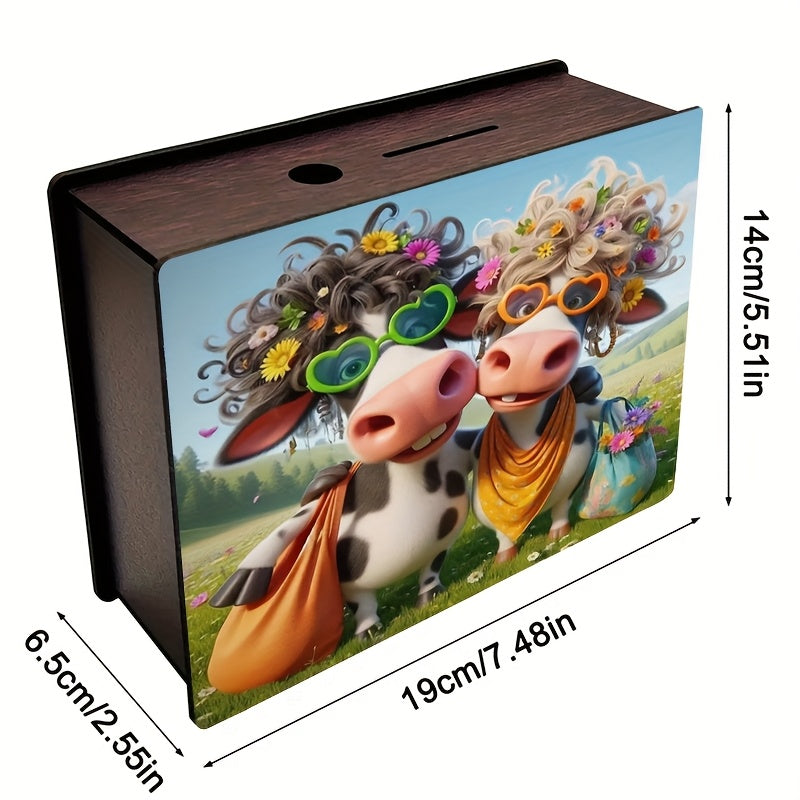 Tirelire boîte en bois deux vaches, lunettes cœur