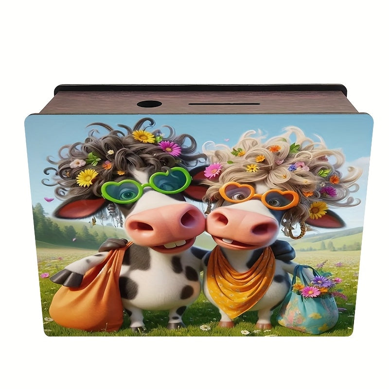 Tirelire boîte en bois deux vaches, lunettes cœur