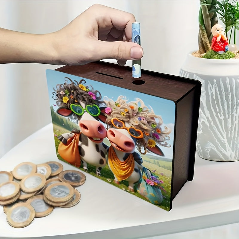 Tirelire boîte en bois deux vaches, lunettes cœur