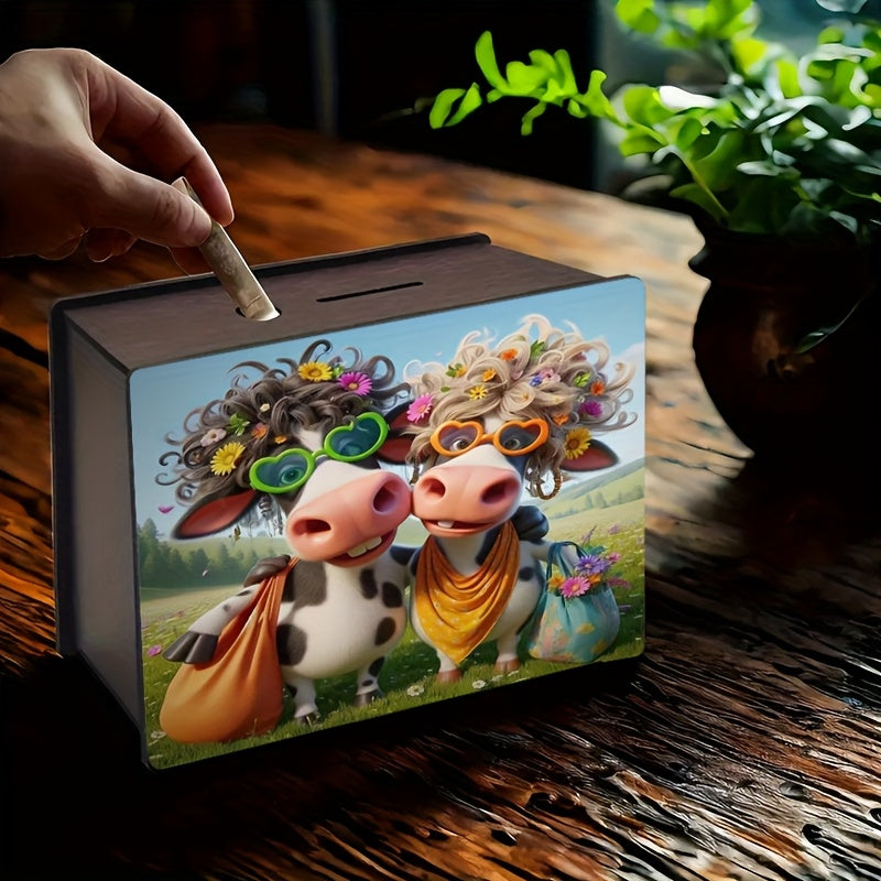 Tirelire boîte en bois deux vaches, lunettes cœur