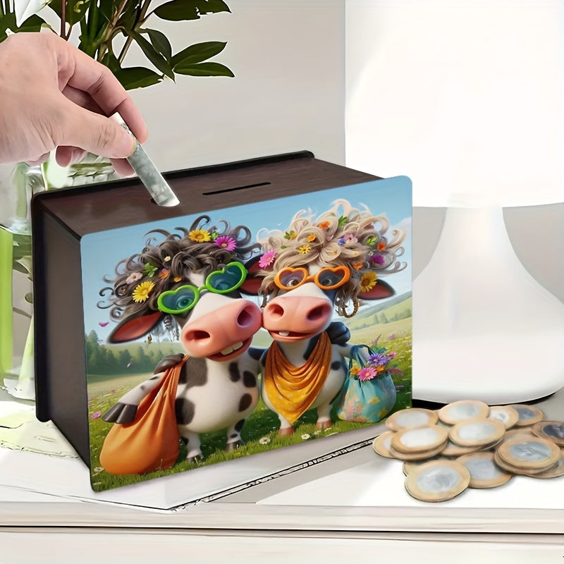 Tirelire boîte en bois deux vaches, lunettes cœur
