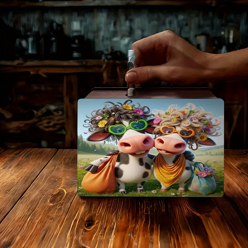 Tirelire boîte en bois deux vaches, lunettes cœur
