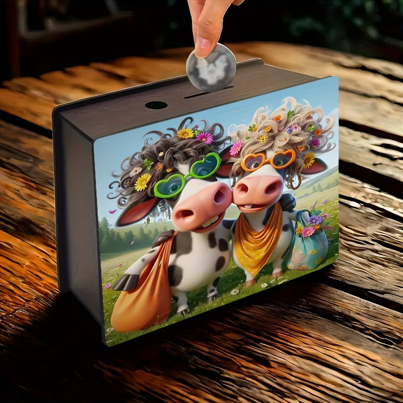 Tirelire boîte en bois deux vaches, lunettes cœur