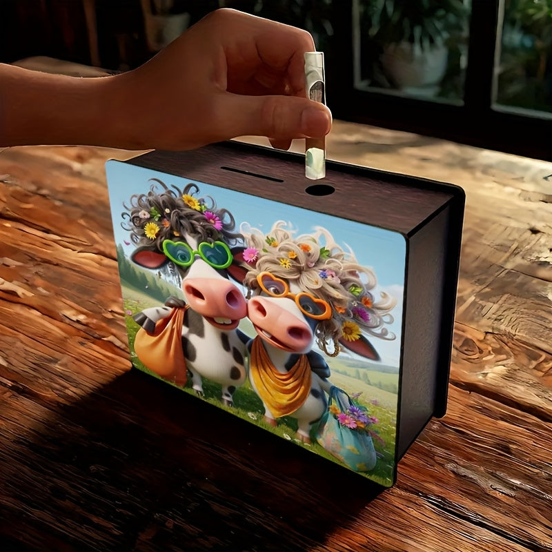 Tirelire boîte en bois deux vaches, lunettes cœur