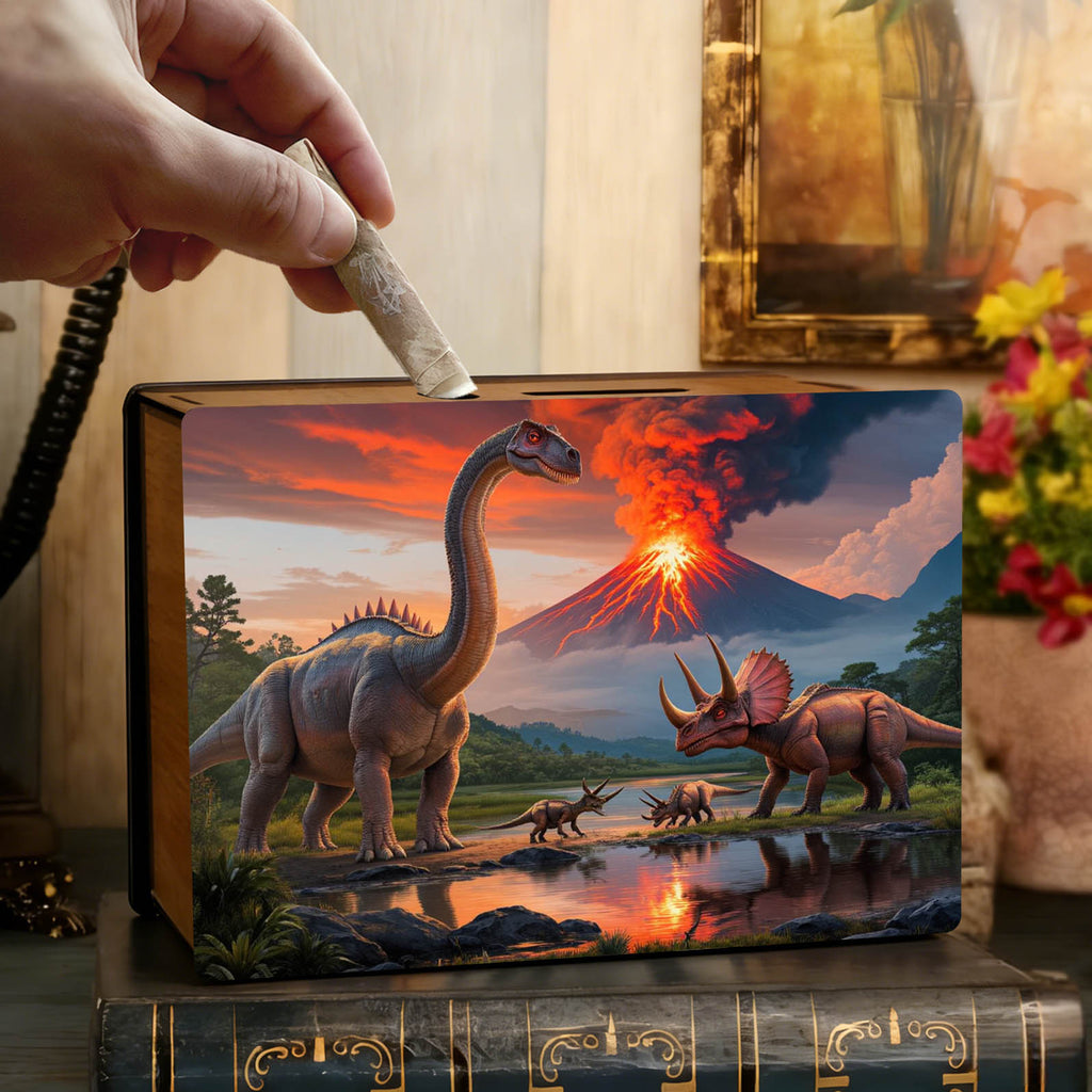 Tirelire boîte en bois imprimée dinosaures et volcan - 19 cm