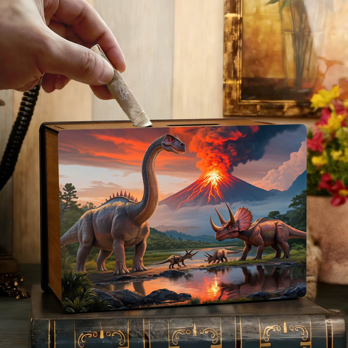 Tirelire boîte en bois imprimée dinosaures et volcan - 19 cm