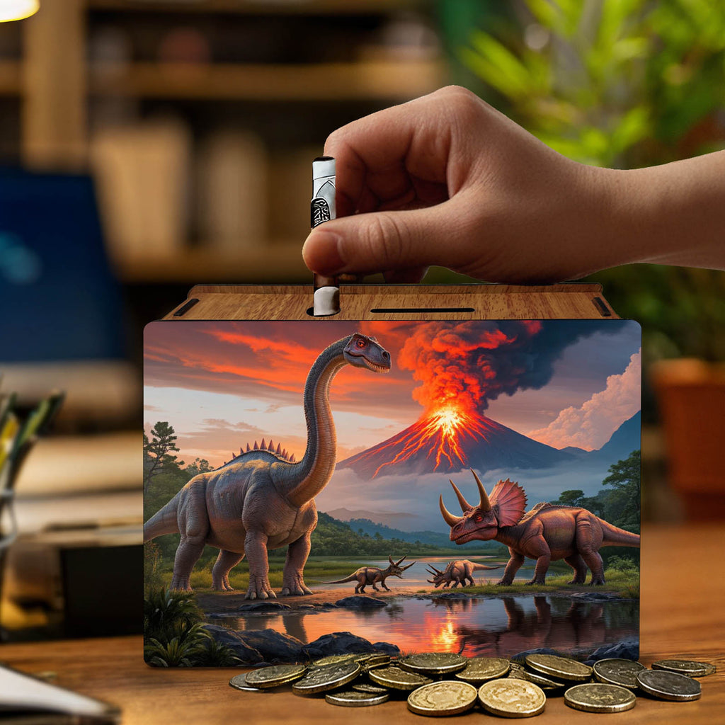 Tirelire boîte en bois imprimée dinosaures et volcan - 19 cm