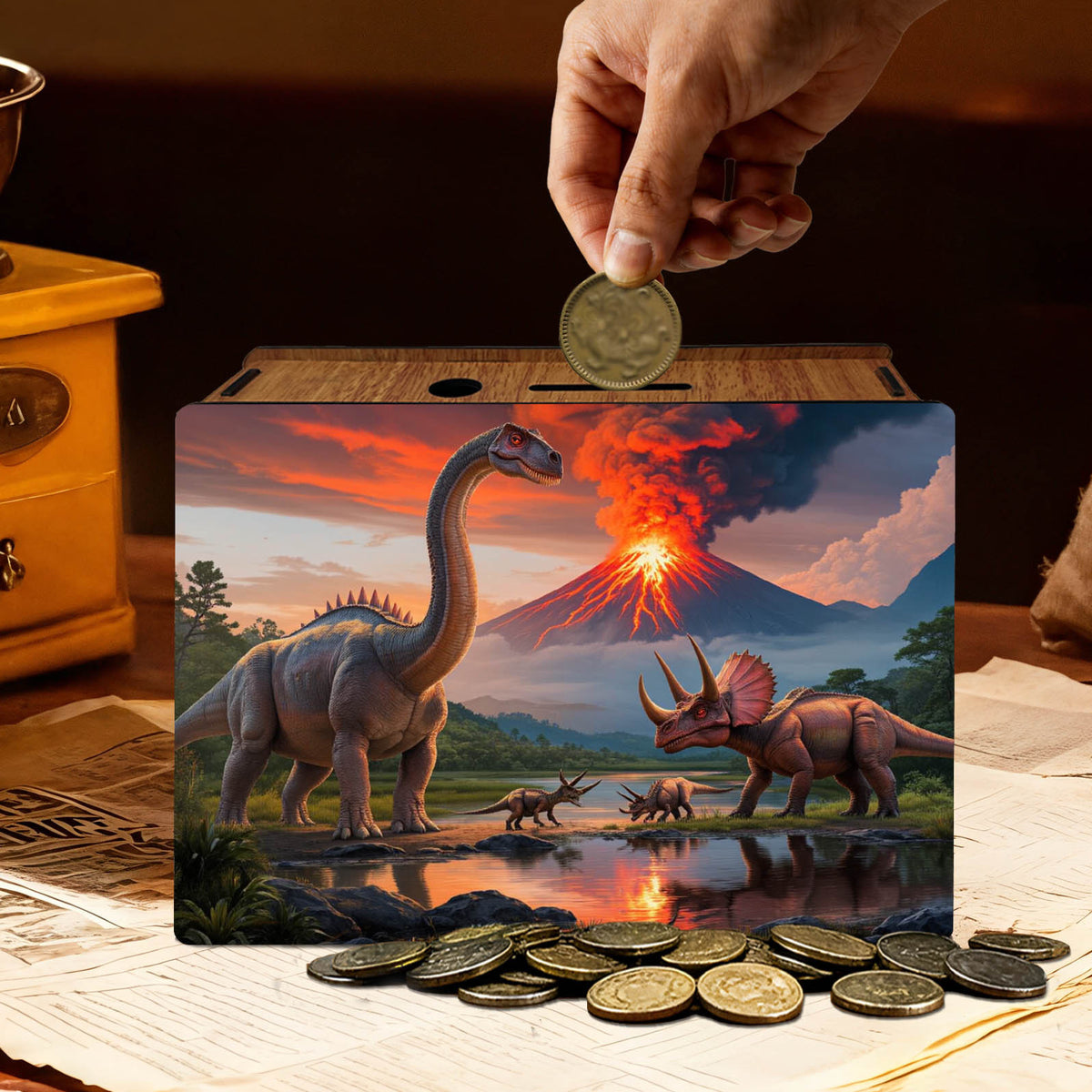 Tirelire boîte en bois imprimée dinosaures et volcan - 19 cm