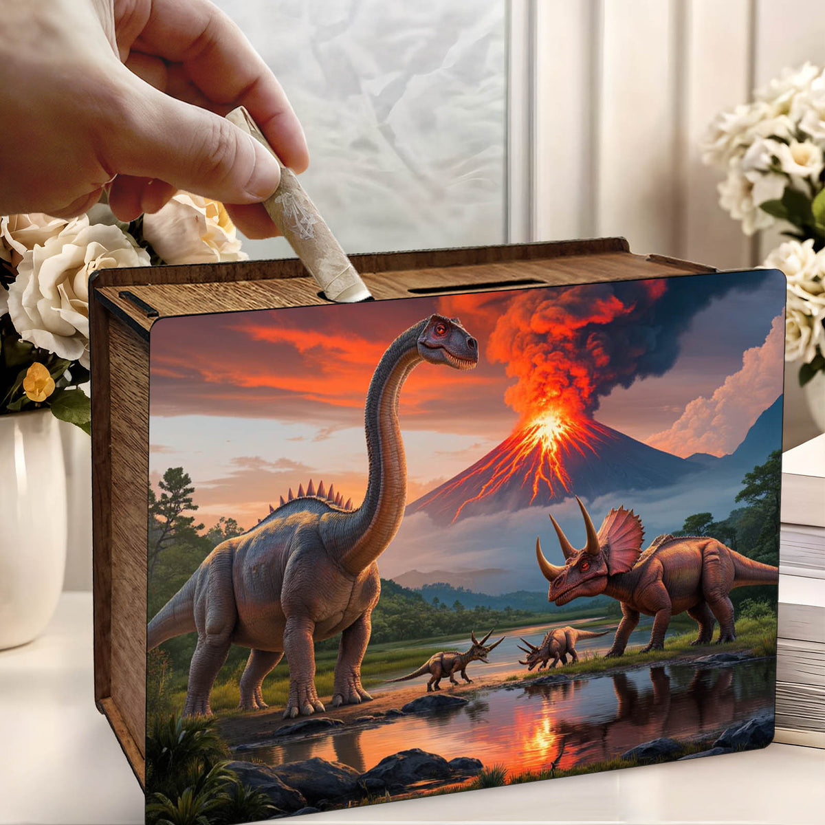 Tirelire boîte en bois imprimée dinosaures et volcan - 19 cm