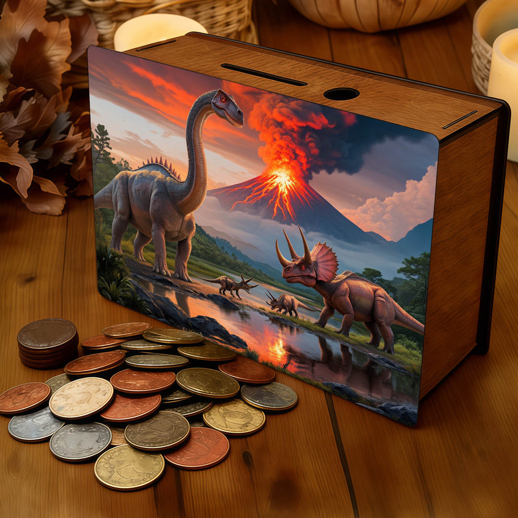 Tirelire boîte en bois imprimée dinosaures et volcan - 19 cm
