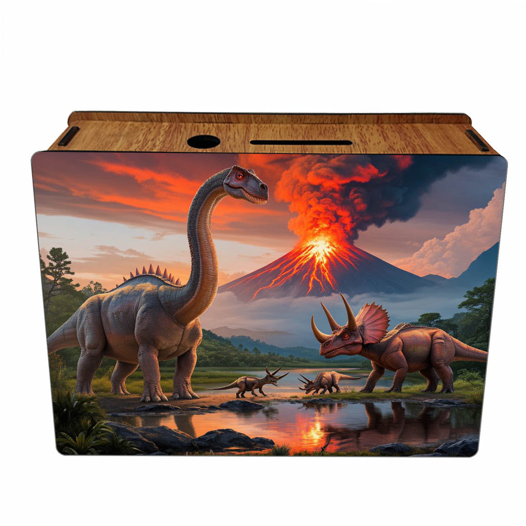 Tirelire boîte en bois imprimée dinosaures et volcan - 19 cm