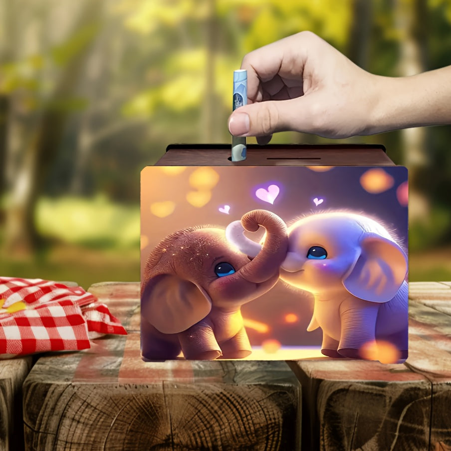 Tirelire boîte en bois éléphants amoureux, décor cœur