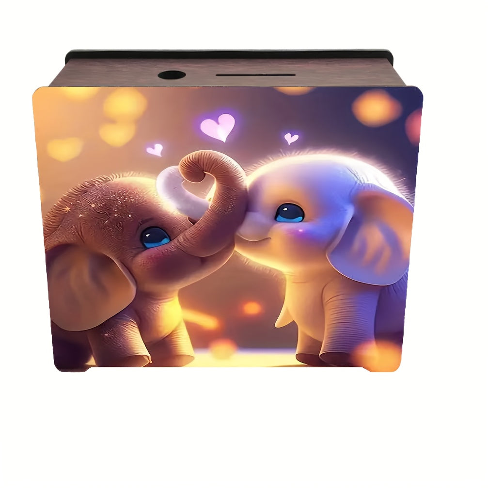 Tirelire boîte en bois éléphants amoureux, décor cœur