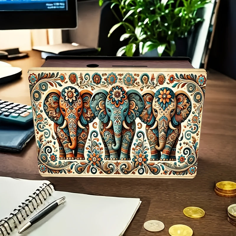 Tirelire boîte en bois éléphants, décor bohème imprimé