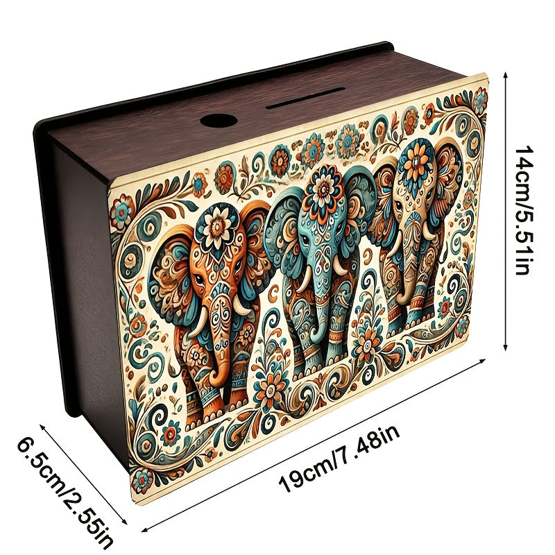 Tirelire boîte en bois éléphants, décor bohème imprimé