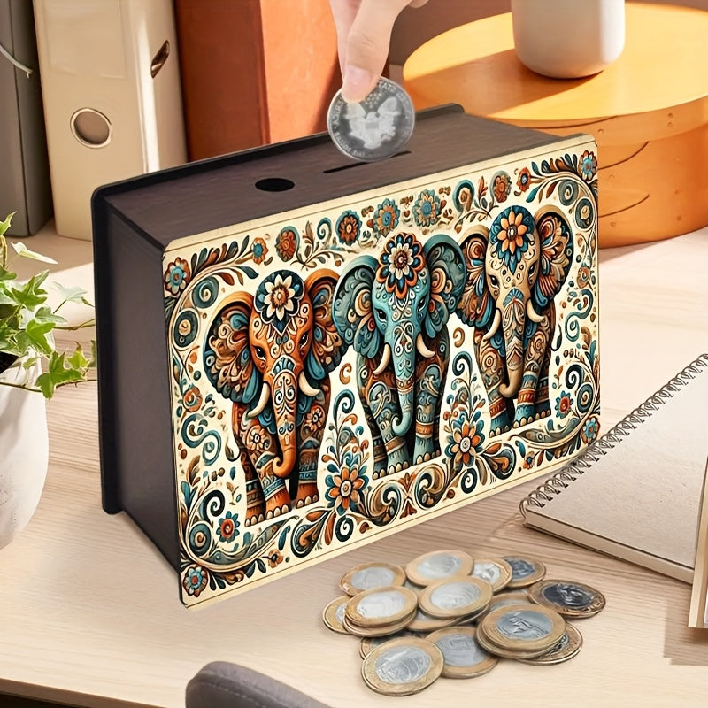 Tirelire boîte en bois éléphants, décor bohème imprimé
