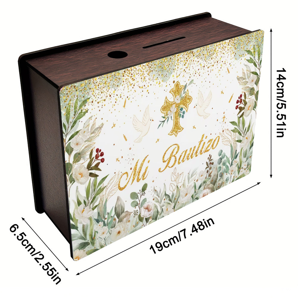 Tirelire boîte en bois, façade de baptême imprimée