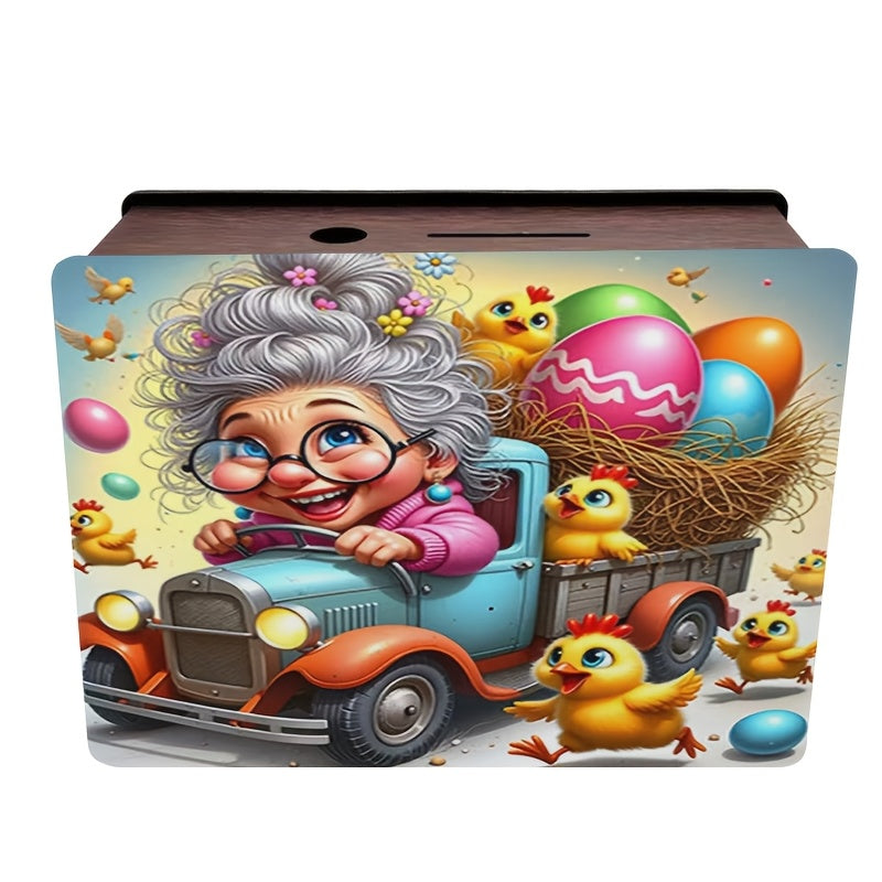 Tirelire boîte en bois grand-mère et poules, pâques