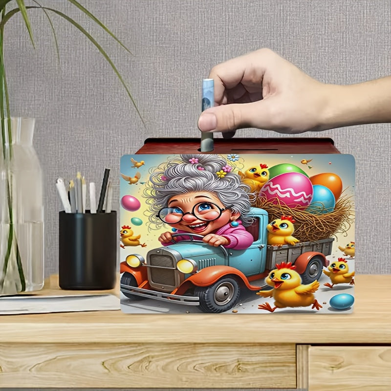 Tirelire boîte en bois grand-mère et poules, pâques