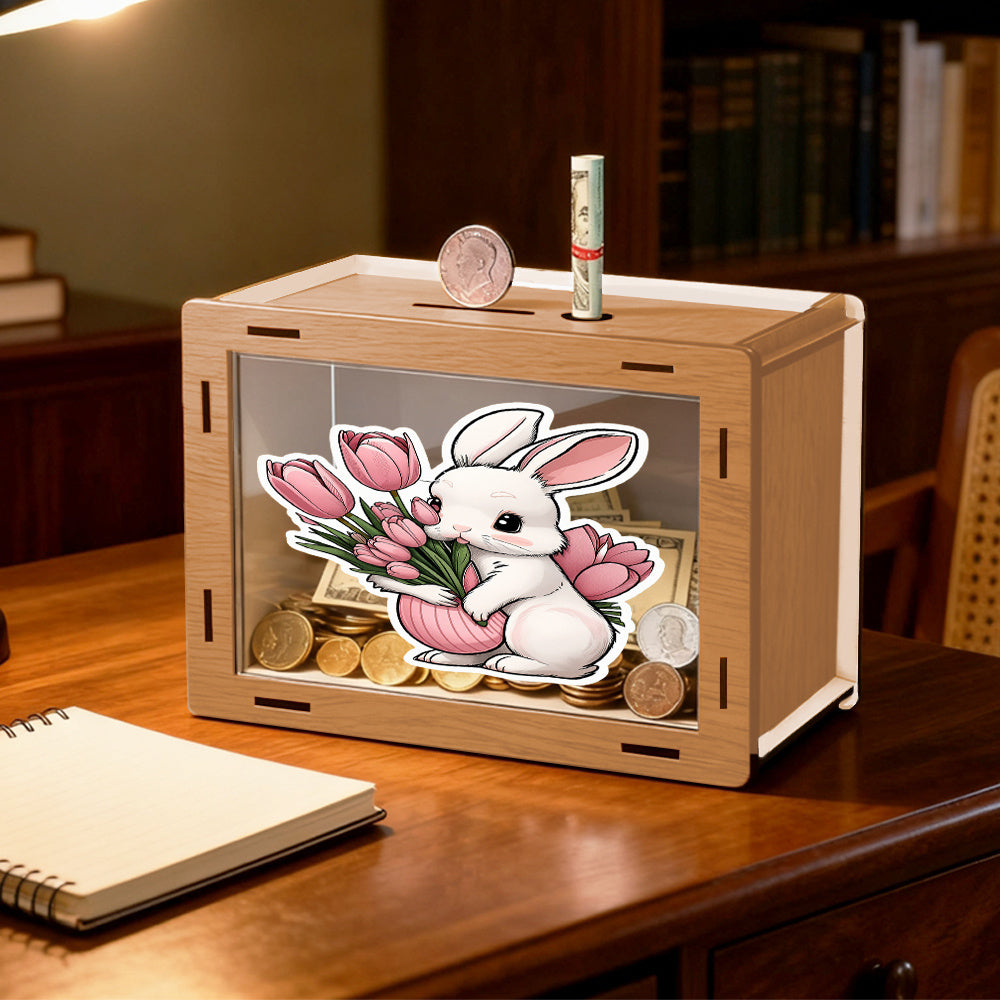 Tirelire boîte en bois, lapin aux tulipes, large