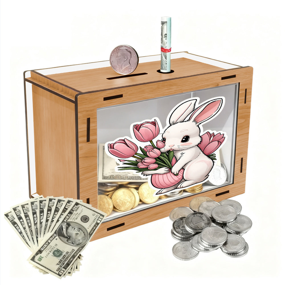 Tirelire boîte en bois, lapin aux tulipes, large