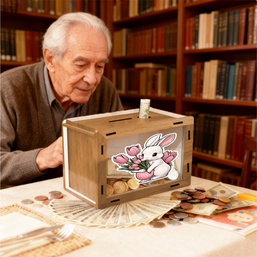 Tirelire boîte en bois, lapin aux tulipes, large