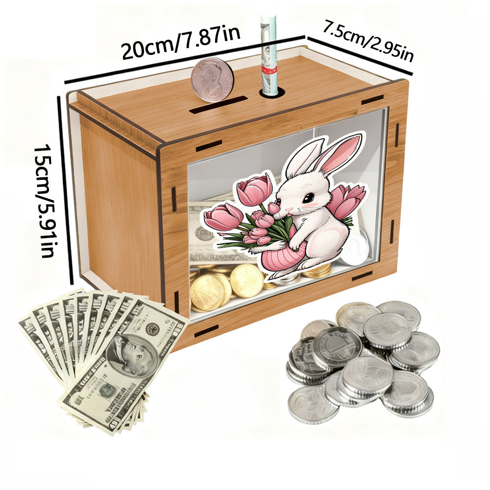 Tirelire boîte en bois, lapin aux tulipes, large
