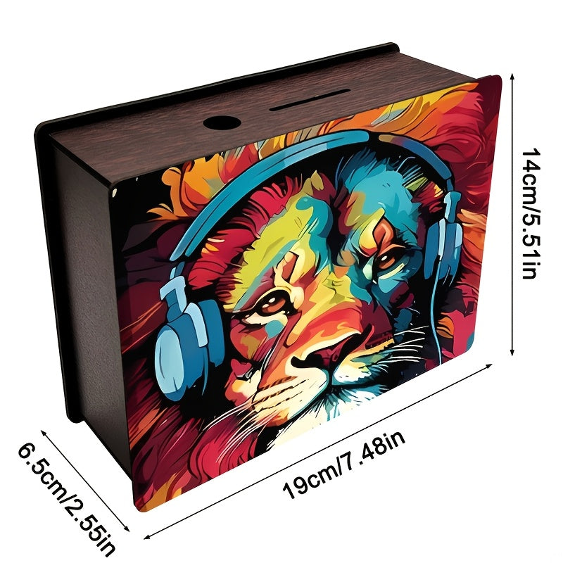 Tirelire boîte en bois, lion pop art et bois