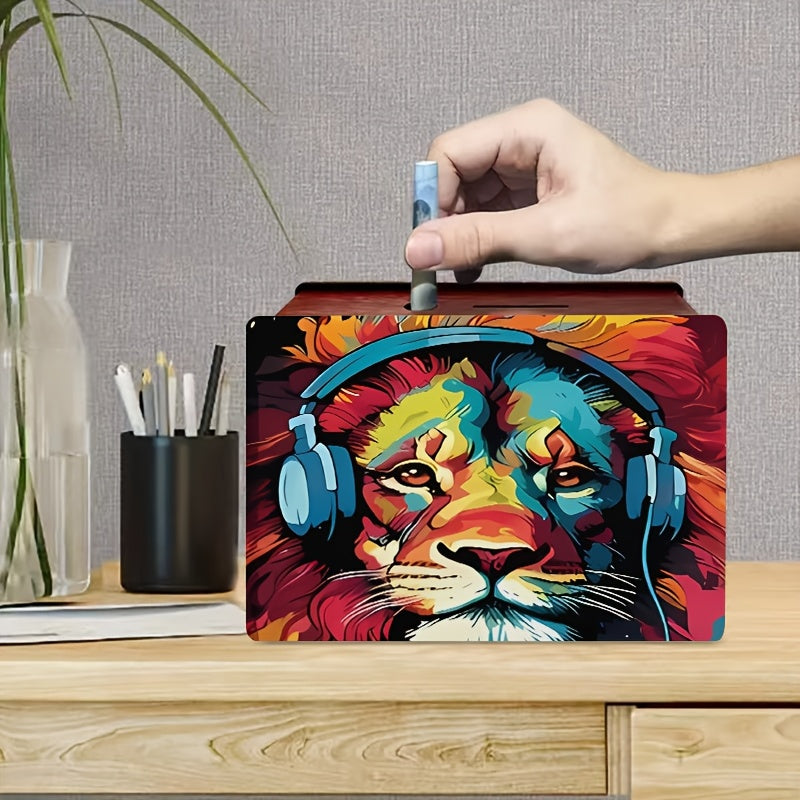 Tirelire boîte en bois, lion pop art et bois