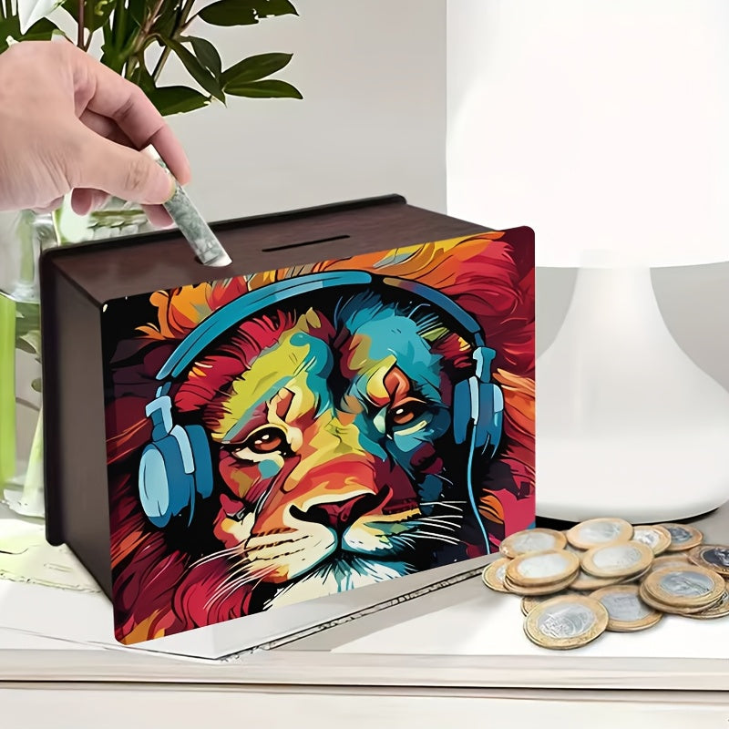 Tirelire boîte en bois, lion pop art et bois