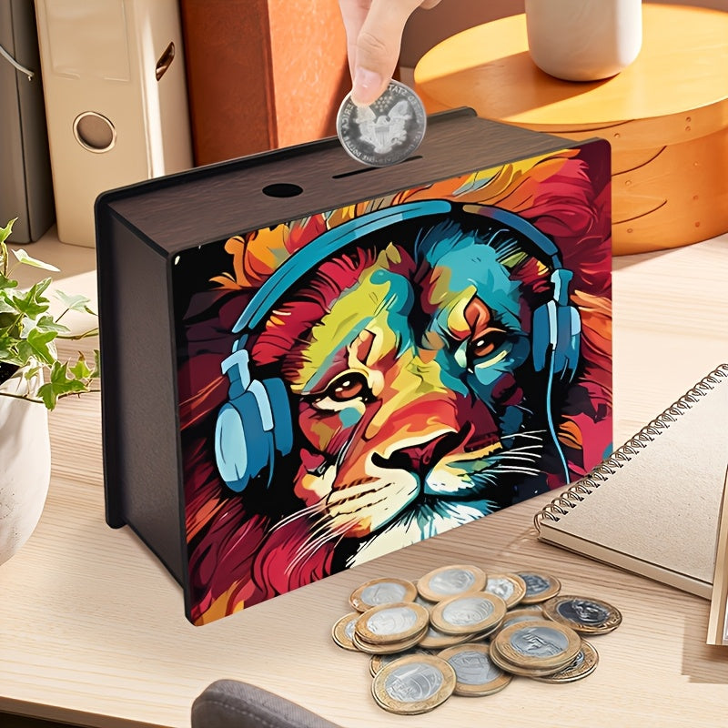 Tirelire boîte en bois, lion pop art et bois
