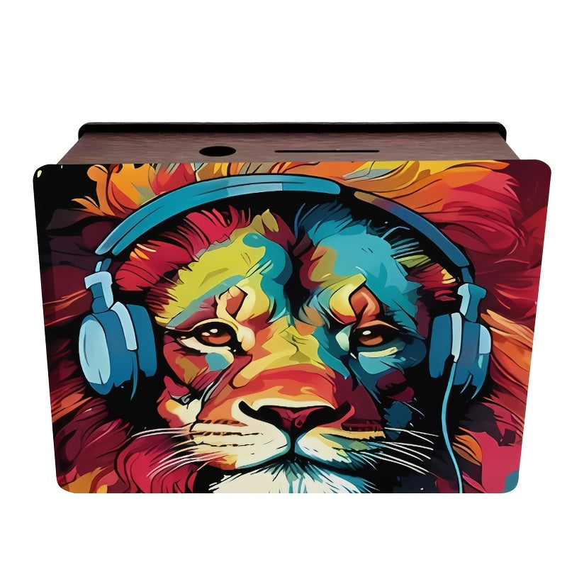 Tirelire boîte en bois, lion pop art et bois
