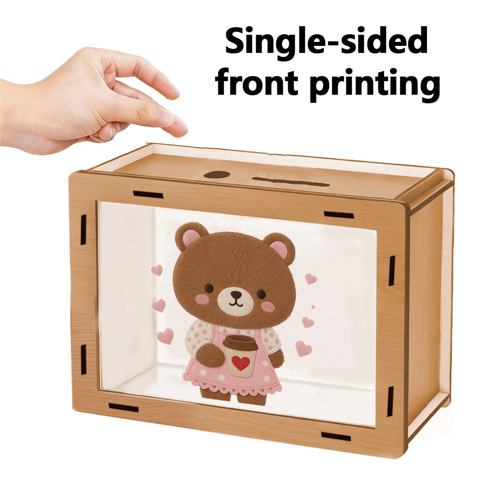 Tirelire boîte en bois ourson, façade transparente