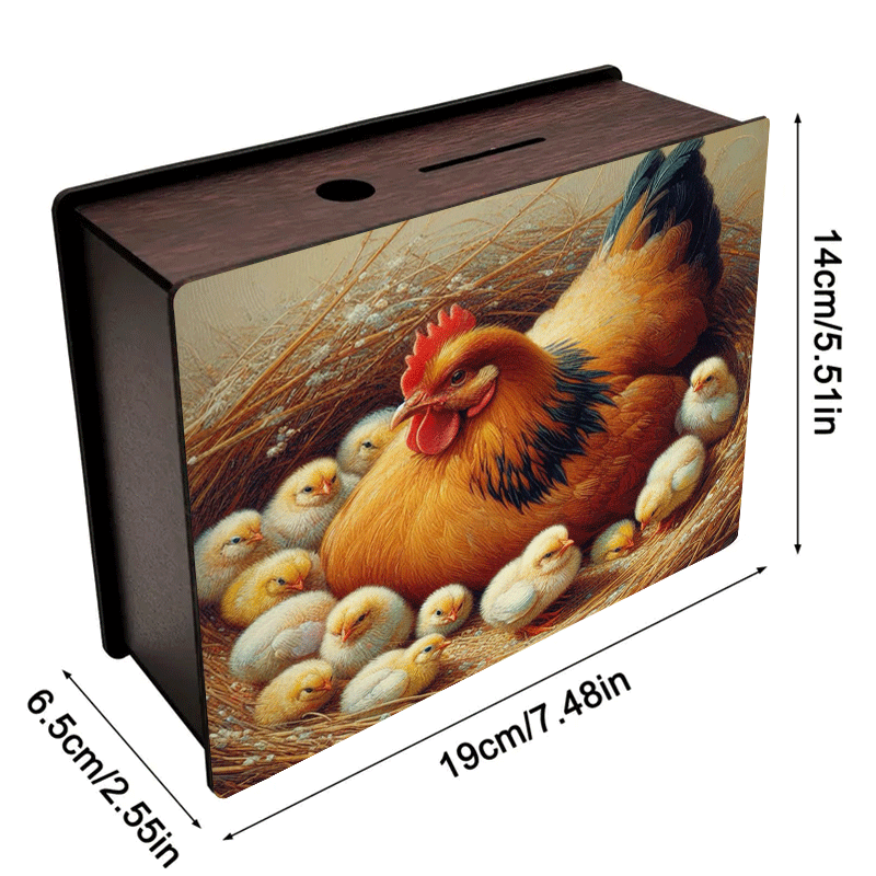Tirelire boîte en bois poule et poussins, nichée