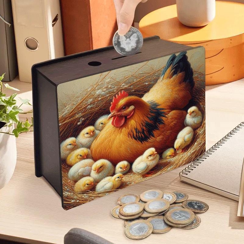 Tirelire boîte en bois poule et poussins, nichée