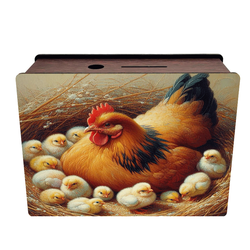 Tirelire boîte en bois poule et poussins, nichée
