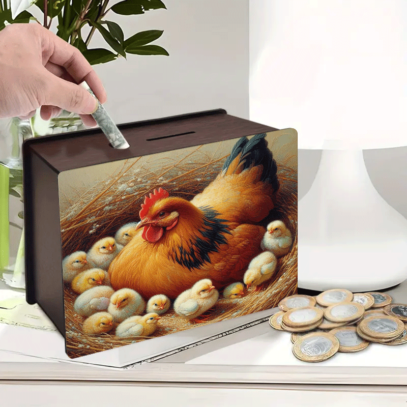 Tirelire boîte en bois poule et poussins, nichée