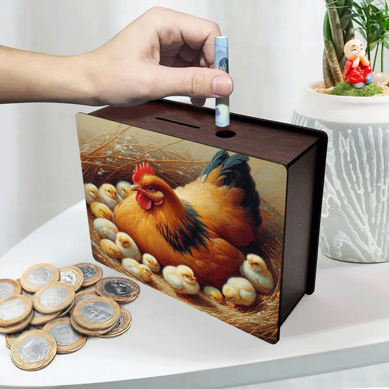Tirelire boîte en bois poule et poussins, nichée