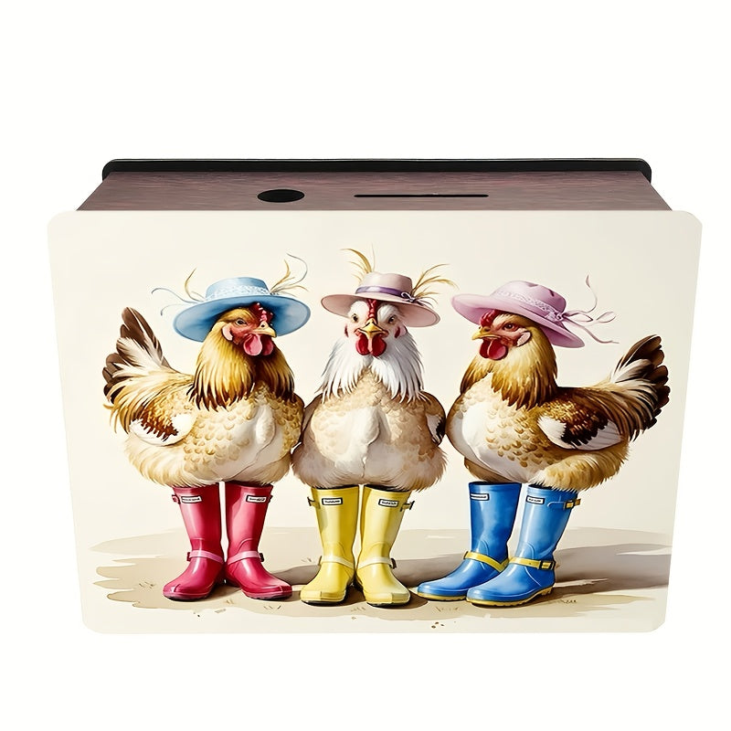 Tirelire boîte en bois poules en bottes, chapeaux
