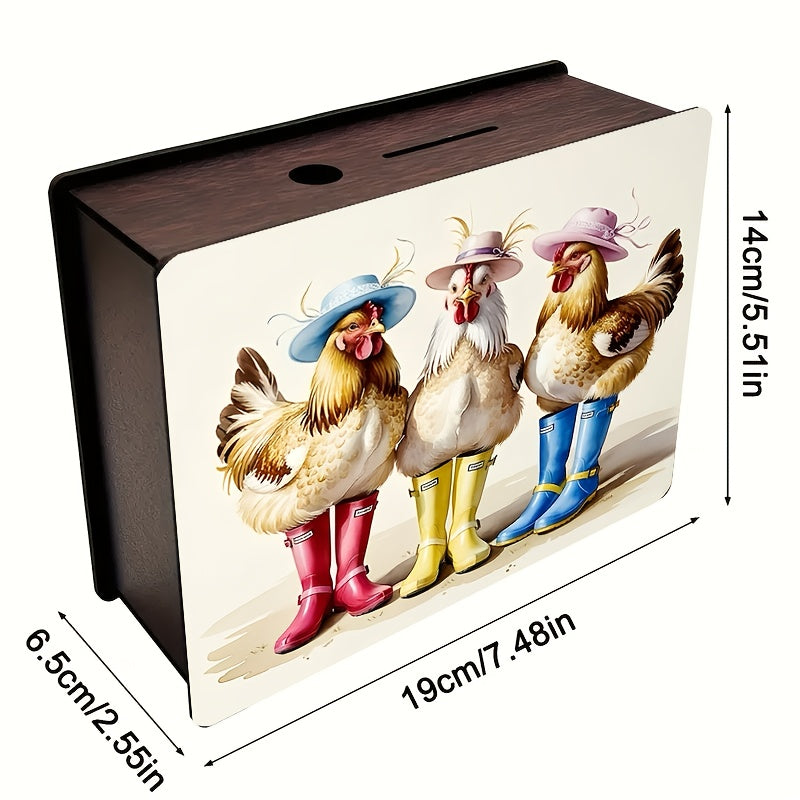 Tirelire boîte en bois poules en bottes, chapeaux