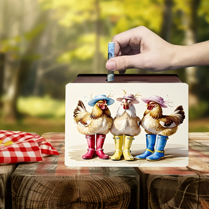 Tirelire boîte en bois poules en bottes, chapeaux