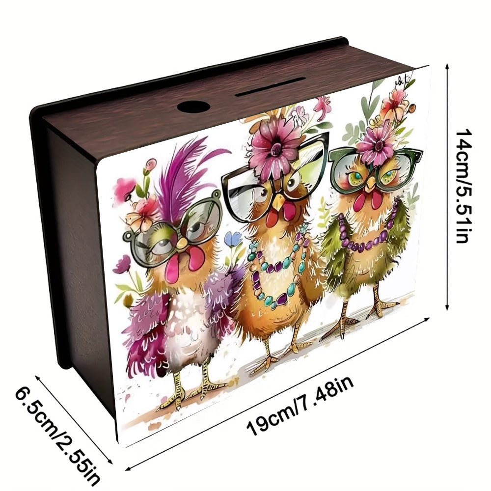 Tirelire boîte bois poules à lunettes, aquarelle