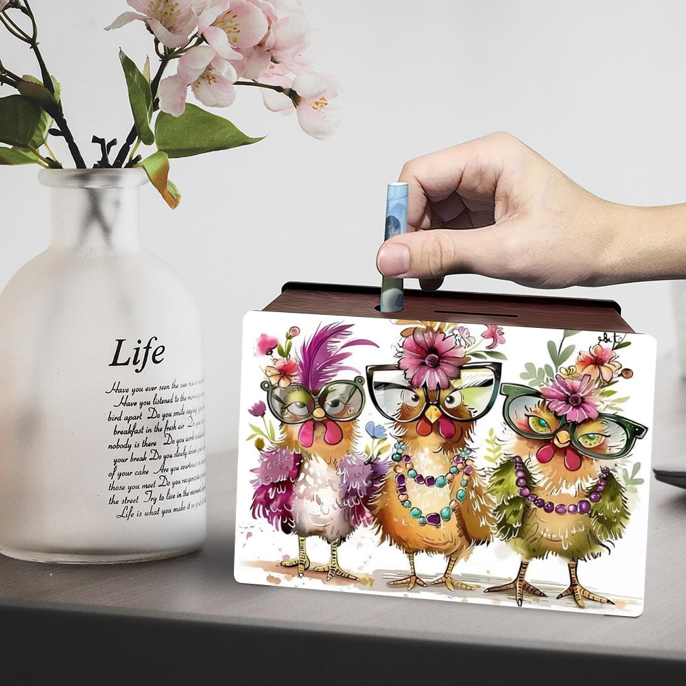 Tirelire boîte bois poules à lunettes, aquarelle